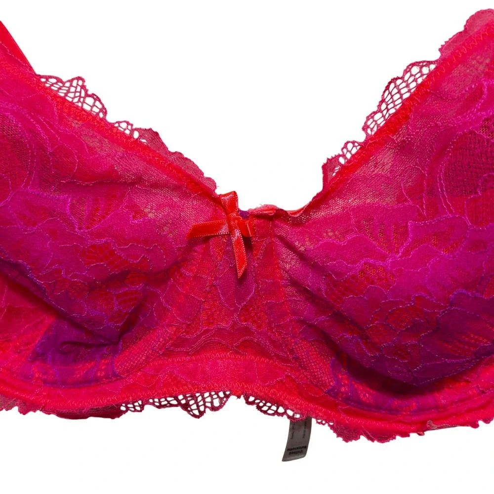 Cacique Unlined Balconette Bra 42DDD Neon Pink Lace Sheer Underwire Lingerie New